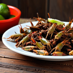 **Image:** A close-up shot of fried crickets seasoned with chili and lime, presented on a small plate. The crickets should appear crispy and appetizing, with visible chili flakes and lime zest. Background: A rustic wooden table with a blurred background suggesting a Polish kitchen setting.
