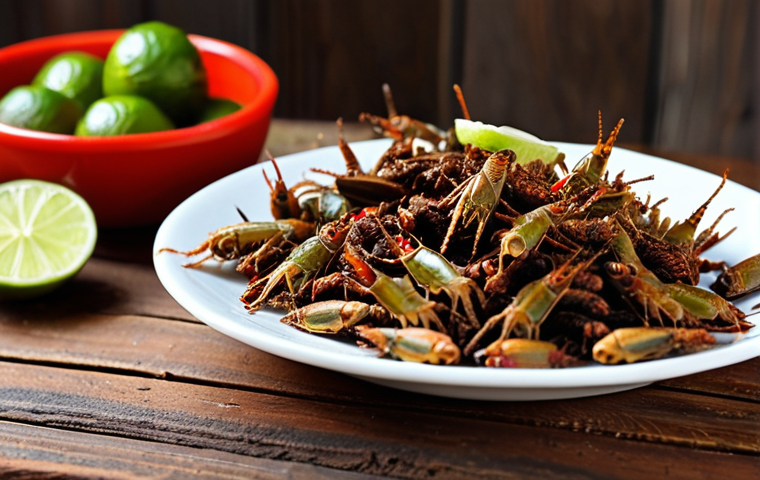 **Image:** A close-up shot of fried crickets seasoned with chili and lime, presented on a small plate. The crickets should appear crispy and appetizing, with visible chili flakes and lime zest. Background: A rustic wooden table with a blurred background suggesting a Polish kitchen setting.