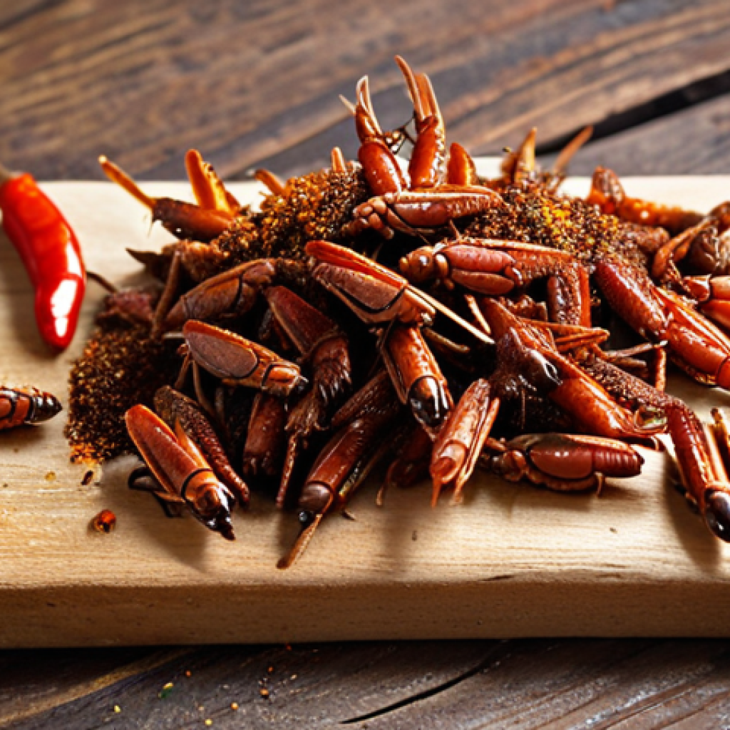 **

A close-up shot of crispy cricket snacks seasoned with sweet paprika, garlic, and a hint of chili, displayed on a rustic wooden board. Focus on the textures and colors of the spices.

**
