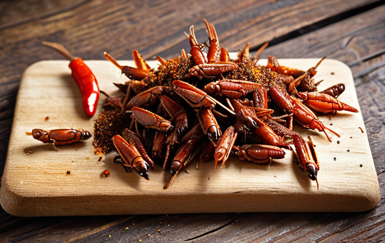 **
A close-up shot of crispy cricket snacks seasoned with sweet paprika, garlic, and a hint of chili, displayed on a rustic wooden board. Focus on the textures and colors of the spices.
**